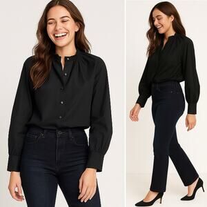 THAKOON Smocked Neck Buttondown Blouse Black Poplin Long Sleeve Size Small NEW